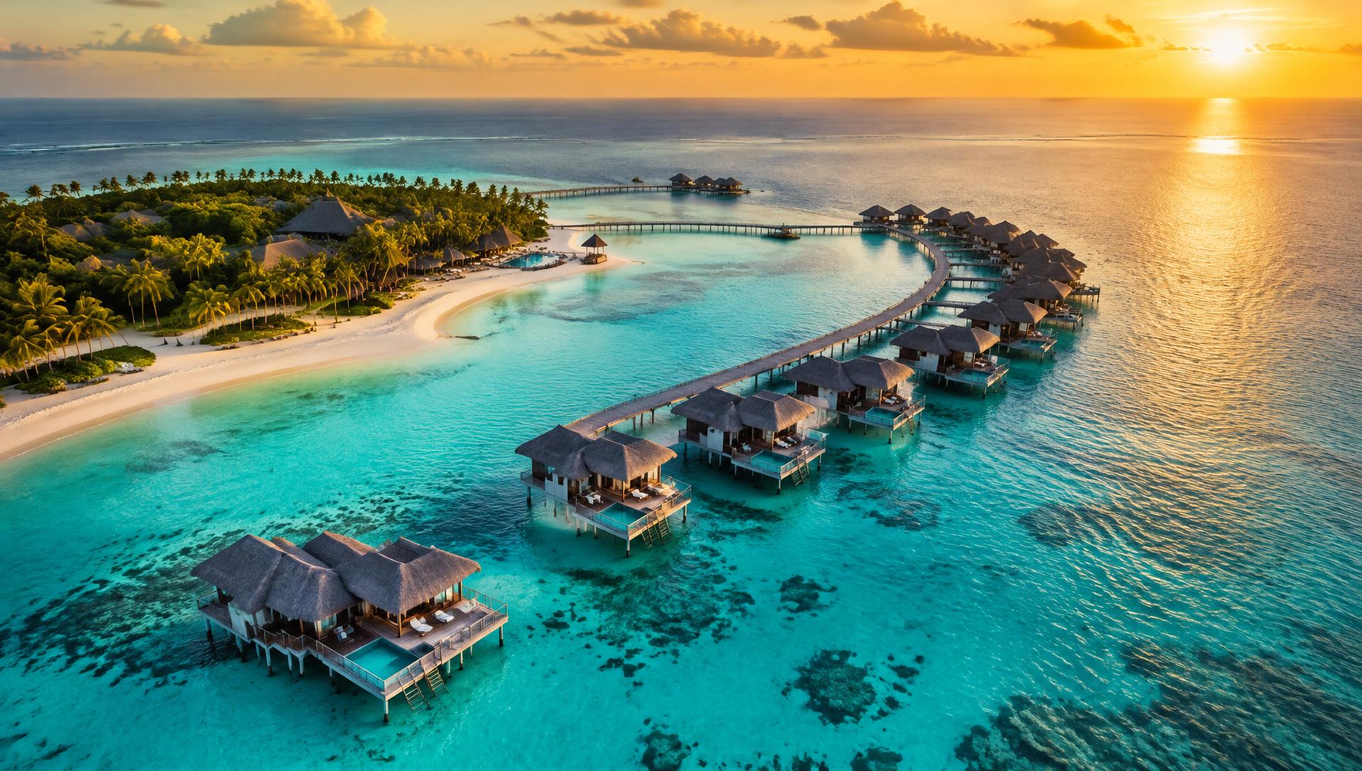 Aerial view of overwater villas on a turquoise lagoon at sunset